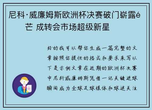 尼科·威廉姆斯欧洲杯决赛破门崭露锋芒 成转会市场超级新星