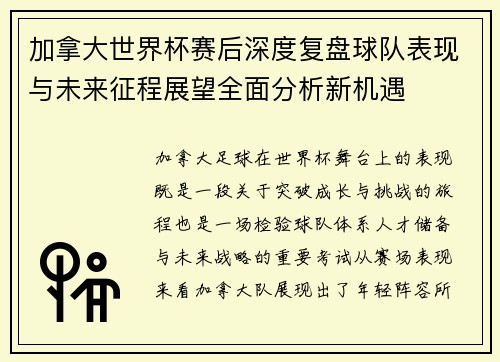 加拿大世界杯赛后深度复盘球队表现与未来征程展望全面分析新机遇